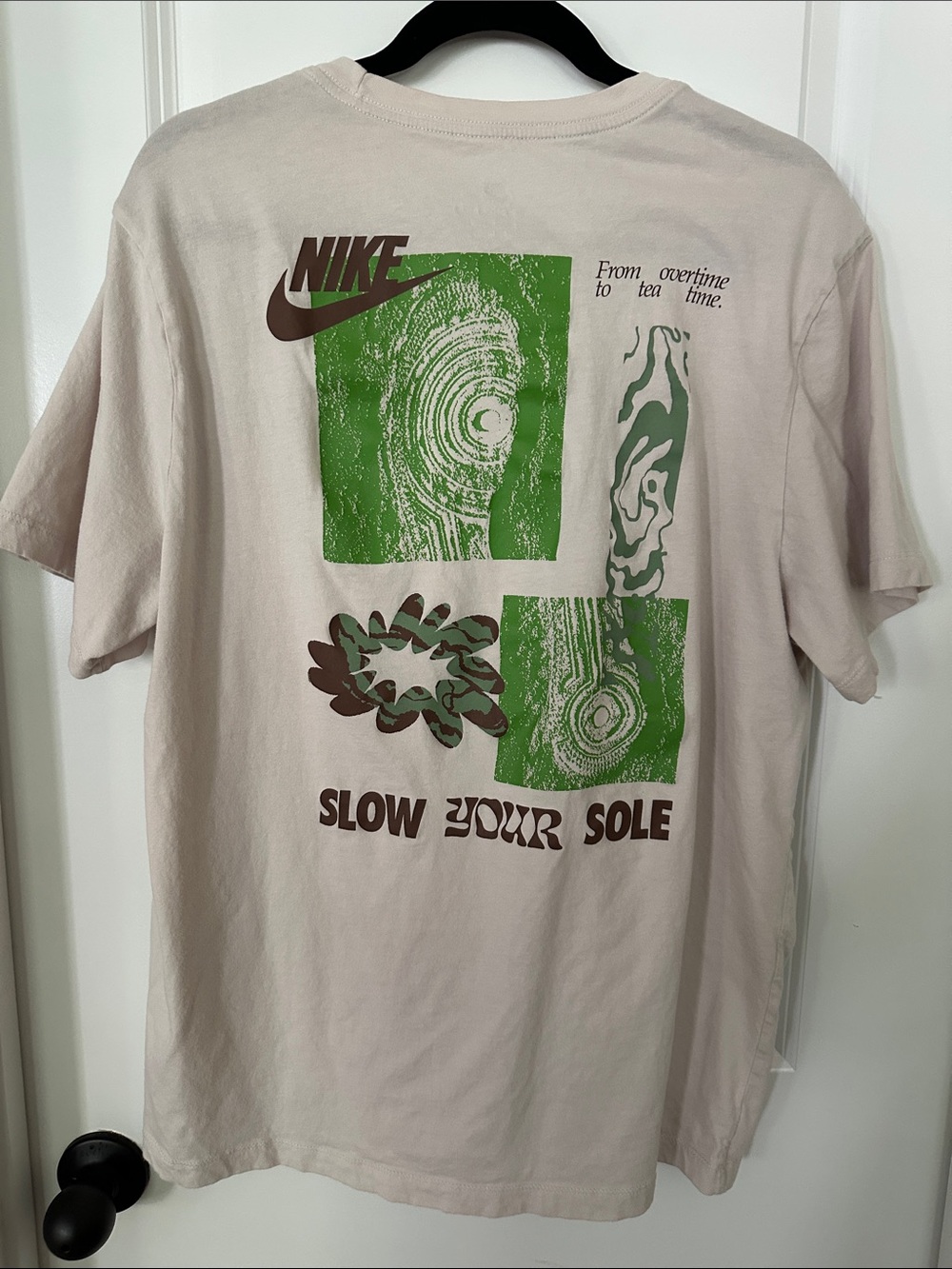 Nike Men’s Short-Sleeve Crew Tee in Beige with Green Logo Slow your Sole Xl